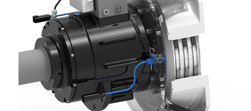Eine hydraulische Kupplung, Planox PHRA 143/1 SR, montiert an einem Dieselmotor und beschleunigt das Hauptwerkzeug von Bau- und Arbeitsmaschinen. Die Kupplung überwacht die Drehzahl mittels RHEINTACHO Sensoren für präzise Regelung und Fehlererkennung in anspruchsvollen Umgebungen